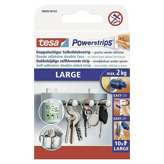 Tesa Powerstrips Large – Verwijderbare Dubbelzijdige Plakstrips (10 stuks, wit)